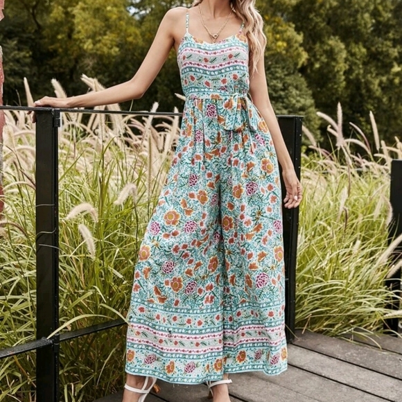 Floral Print Belted Cami Jumpsuit